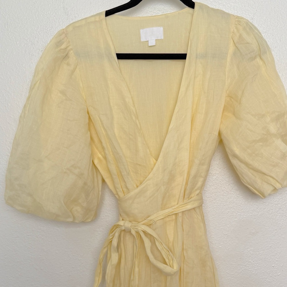 EVERY Butter Yellow Short Puff Sleeve Tie Waist Wrap Mini Dress - Picture 6 of 9